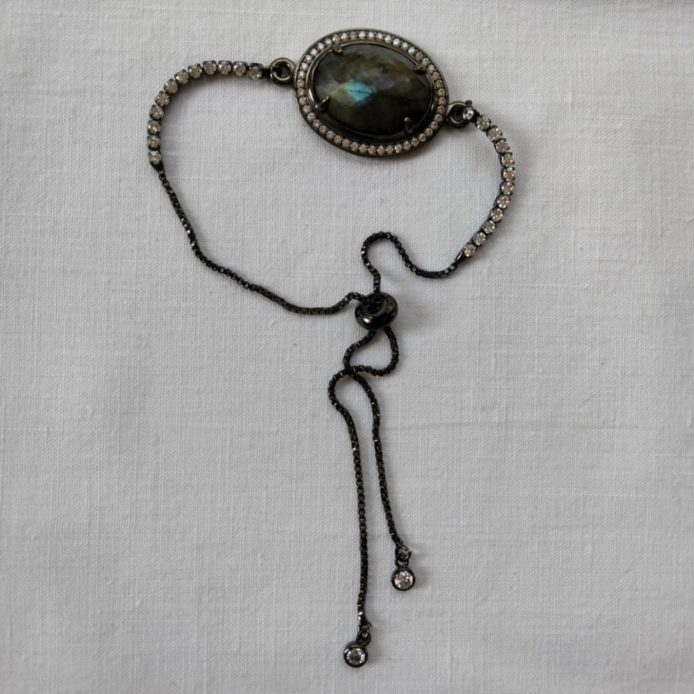 Bracelet w/ Iridescent Olive Green Stone Adjustable One Size Fits Most